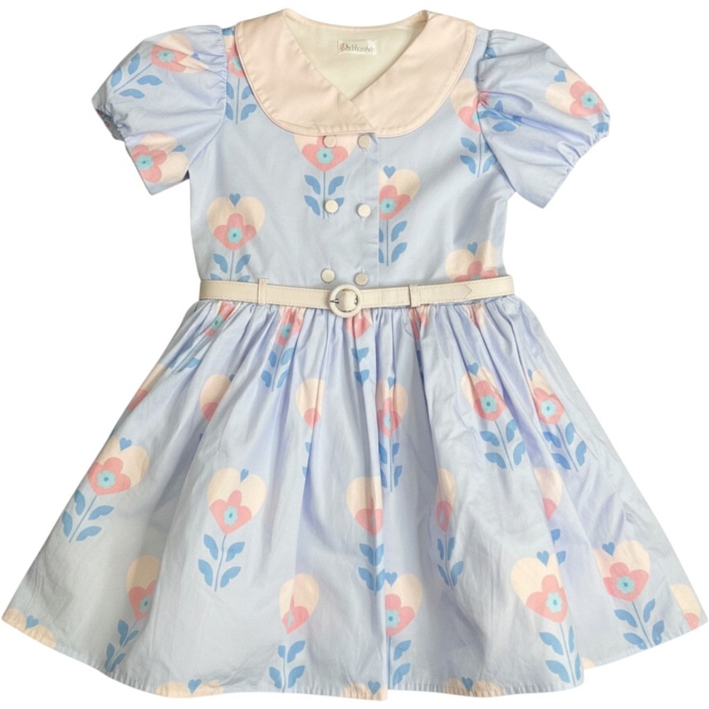 Dollcake Girls Size 12 Blue Floral Heart Peter Pan Collar Belted Cotton Dress